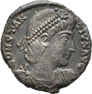 obverse: COSTANZO II (337-361). Antiochia. Nummus. 330-335. AE (1,52 g). D/ CONSTANTIVS AVG, busto diademato, corazzato e drappeggiato a destra; R/ GLORIA EXERCITVS, due soldati armati stanti con lancia e scudo, tra di loro un  insegna; in esergo SMANA. RIC VIII 44. BB.  nr.reg.593/24