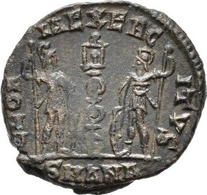 reverse: COSTANZO II (337-361). Antiochia. Nummus. 330-335. AE (1,52 g). D/ CONSTANTIVS AVG, busto diademato, corazzato e drappeggiato a destra; R/ GLORIA EXERCITVS, due soldati armati stanti con lancia e scudo, tra di loro un  insegna; in esergo SMANA. RIC VIII 44. BB.  nr.reg.593/24