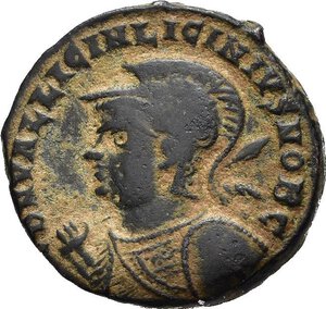 obverse: LICINIO II, Cesare (317-324). Antiochia. Nummus. 321-323. AE (3,23 g). D/ D N VAL LICIN LICINIVS NOB C, busto laureato, elmato e corazzato a sinistra, regge uno scudo e una lancia poggiata sulla spalla; R/ IOVI CONSERVATORI, Giove stante a sinistra, regge un globo niceforo e scettro; ai suoi piedi un aquila e un prigioniero, nel campo a destra X-IIΓ; in esergo SMANTA. RIC VII 36. BB nr.reg.593/24