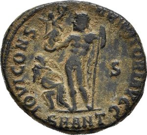 reverse: LICINIO I (308-324). Antiochia. Nummus. 317-320. AE (2,44 g). D/ IMP LICINIVS AVG, busto laureato, con toga trabeata, che regge scettro e mappa a sinistra; R/ IOVI CONSERVATORI AVGG, Giove stante a sinistra, regge un globo niceforo e scettro; ai suoi piedi un progioniero, nel campo a destra S; in esergo SMANT. RIC VII 25. mBB nr.reg.593/24