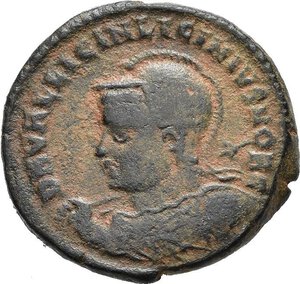 obverse: LICINIO II, Cesare (317-324). Antiochia. Nummus. 321-323. AE (4,01 g). D/ D N VAL LICIN LICINIVS NOB C, busto laureato, elmato e corazzato a sinistra, regge uno scudo e una lancia poggiata sulla spalla; R/ IOVI CONSERVATORI, Giove stante a sinistra, regge un globo niceforo e scettro; ai suoi piedi un aquila e un progioniero, nel campo a destra X-IIΓ; in esergo SMNA. RIC VII 49. BB nr.reg.593/24