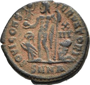 reverse: LICINIO II, Cesare (317-324). Antiochia. Nummus. 321-323. AE (4,01 g). D/ D N VAL LICIN LICINIVS NOB C, busto laureato, elmato e corazzato a sinistra, regge uno scudo e una lancia poggiata sulla spalla; R/ IOVI CONSERVATORI, Giove stante a sinistra, regge un globo niceforo e scettro; ai suoi piedi un aquila e un progioniero, nel campo a destra X-IIΓ; in esergo SMNA. RIC VII 49. BB nr.reg.593/24