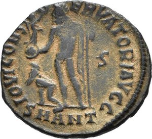 reverse: LICINIO I (308-324). Antiochia. Nummus. 317-320. AE (2,44 g). D/ IMP LICINIVS AVG, busto laureato, con toga trabeata, che regge scettro e mappa a sinistra; R/ IOVI CONSERVATORI AVGG, Giove stante a sinistra, regge un globo niceforo e scettro; ai suoi piedi un progioniero, nel campo a destra S; in esergo SMANT. RIC VII 25. BB nr.reg.593/24