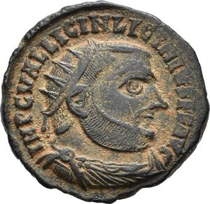 obverse: LICINIO I (308-324). Antiochia. Nummus. 321-323. AE (3,14 g). D/ IMP C VAL LICIN LICINIVS P F AVG, busto radiato, drappeggiato e corazzato a destra; R/ IOVI CONSERVATORI, Giove stante a sinistra, regge un globo niceforo e scettro; ai suoi piedi un aquila e un progioniero, nel campo a destra X-IIΓ; in esergo SMALA. RIC VII 28. BB nr.reg.593/24