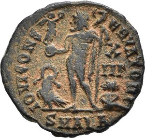 reverse: LICINIO I (308-324). Antiochia. Nummus. 321-323. AE (3,14 g). D/ IMP C VAL LICIN LICINIVS P F AVG, busto radiato, drappeggiato e corazzato a destra; R/ IOVI CONSERVATORI, Giove stante a sinistra, regge un globo niceforo e scettro; ai suoi piedi un aquila e un progioniero, nel campo a destra X-IIΓ; in esergo SMALA. RIC VII 28. BB nr.reg.593/24