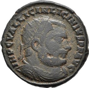 obverse: LICINIO I (308-324). Antiochia. Nummus. 321-323. AE (3,59 g). D/ IMP C VAL LICIN LICINIVS P F AVG, busto radiato, drappeggiato e corazzato a destra; R/ IOVI CONSERVATORI, Giove stante a sinistra, regge un globo niceforo e scettro; ai suoi piedi un aquila e un progioniero, nel campo a destra X-IIΓ; in esergo SMANTA. RIC VII 35. BB nr.reg.593/24