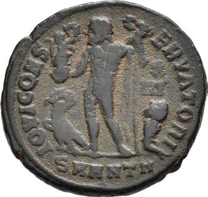 reverse: LICINIO I (308-324). Antiochia. Nummus. 321-323. AE (3,59 g). D/ IMP C VAL LICIN LICINIVS P F AVG, busto radiato, drappeggiato e corazzato a destra; R/ IOVI CONSERVATORI, Giove stante a sinistra, regge un globo niceforo e scettro; ai suoi piedi un aquila e un progioniero, nel campo a destra X-IIΓ; in esergo SMANTA. RIC VII 35. BB nr.reg.593/24