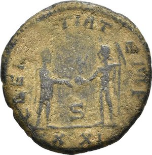 reverse: PROBO (276-282). Antiochia. Antoniniano riformato. 280 circa. BI (3,20 g). D/ IMP C M AVR PROBVS P F AVG, busto radiato, drappeggiato e corazzato visto di spalle a destra; R/ CLEMENTIA TEMP / Γ, Probo, in abiti militari riceve un globo niceforo da Giove; in esergo XXI. RIC V.2 922. MB. nr.reg.593/24