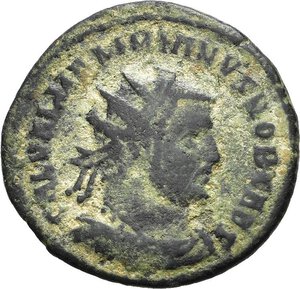 obverse: GALERIO, Cesare (294-305). Cizico. Radiato post-riforma. 295-299. AE (2,62 g). D/ GAL VAL MAXIMIANVS NOB CAES, busto radiato, drappeggiato e corazzato a destra; R/ CONCORDIA MILITVM, Galerio in abiti militari riceve un globo niceforo da Giove; in basso K-A. RIC VI 19b. qBB. nr.reg.593/24