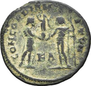 reverse: GALERIO, Cesare (294-305). Cizico. Radiato post-riforma. 295-299. AE (2,62 g). D/ GAL VAL MAXIMIANVS NOB CAES, busto radiato, drappeggiato e corazzato a destra; R/ CONCORDIA MILITVM, Galerio in abiti militari riceve un globo niceforo da Giove; in basso K-A. RIC VI 19b. qBB. nr.reg.593/24