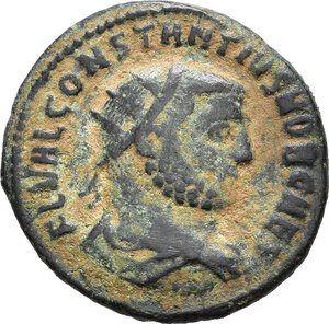 obverse: COSTANZO, Cesare (294-305). Antiochia. Radiato post-riforma. 295-299. AE (2,87 g). D/ FL VAL CONSTANTIVS NOB CAES, busto radiato, drappeggiato e corazzato visto di spalle a destra; R/ CONCORDIA MILITVM, Costanzo in abiti militari riceve un globo niceforo da Giove; in basso globetto e Є; in esergo ANT. RIC VI 61a. qBB. nr.reg.593/24