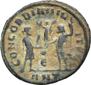 reverse: COSTANZO, Cesare (294-305). Antiochia. Radiato post-riforma. 295-299. AE (2,87 g). D/ FL VAL CONSTANTIVS NOB CAES, busto radiato, drappeggiato e corazzato visto di spalle a destra; R/ CONCORDIA MILITVM, Costanzo in abiti militari riceve un globo niceforo da Giove; in basso globetto e Є; in esergo ANT. RIC VI 61a. qBB. nr.reg.593/24