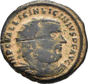 obverse: LICINIO I (308-324). Antiochia. Nummus. 321-323. AE (3,61 g). D/ IMP C VAL LICIN LICINIVS P F AVG, busto radiato, drappeggiato e corazzato a destra; R/ IOVI CONSERVATORI, Giove stante a sinistra, regge un globo niceforo e scettro; ai suoi piedi un aquila e un progioniero, nel campo a destra X-IIΓ; in esergo SMANTA. RIC VII 35. MB nr.reg.593/24