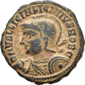 obverse: LICINIO II, Cesare (317-324). Alessandria. Nummus. 321-323. AE (3,24 g). D/ D N VAL LICIN LICINIVS NOB C, busto laureato, elmato e corazzato a sinistra, regge uno scudo e una lancia poggiata sulla spalla; R/ IOVI CONSERVATORI, Giove stante a sinistra, regge un globo niceforo e scettro; ai suoi piedi un aquila e un prigioniero, nel campo a destra X-IIΓ; in esergo SMALA. RIC VII 30. BB nr.reg.593/24