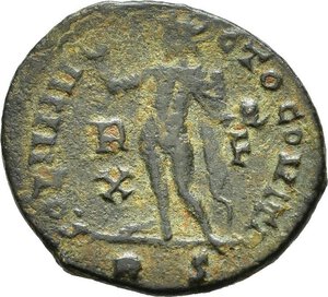 reverse: LICINIO I (308-324). Roma. Nummus. 314-315 circa. AE (2,99 g). D/ IMP LICINIVS P F AVG, busto laureato, corazzato, con drappeggio sulla spalla, a destra; R/ SOLI INVICTO COMITI, il Sole, con clamide, stante a sinistra, solleva la destra in segno di saluto e regge un globo; nel campo / R - F / X /; in esergo R-S. RIC VII 29. (NON COMUNE). qBB nr.reg.593/24