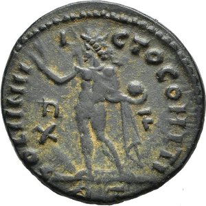 reverse: COSTANTINO I (307-337). Roma. Nummus. 314-315 circa. AE (3,29 g). D/  IMP CONSTANTINVS P F AVG, busto laureato, corazzato e drapeggiato a destra; R/ SOLI INVICTO COMITI, il Sole, con clamide, stante a sinistra, solleva la destra in segno di saluto e regge un globo; nel campo / R - F / X /; in esergo R-S. RIC VII 27.qSPL nr.reg.593/24