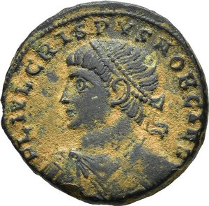 obverse: CRISPO, Cesare (317-326). Antiochia. Nummus. 326 circa. AE (3,01 g). D/  FL IVL CRISPVS NOB CAES, busto laureato, corazzato e drapeggiato a sinistra; R/ PROVIDENTIAE CAESS, porta d accampamento con due torrette, al centro una stella;  in esergo SMANTB.  RIC VII 72;.qSPL. (NON COMUNE). nr.reg.593/24