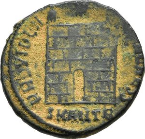 reverse: CRISPO, Cesare (317-326). Antiochia. Nummus. 326 circa. AE (3,01 g). D/  FL IVL CRISPVS NOB CAES, busto laureato, corazzato e drapeggiato a sinistra; R/ PROVIDENTIAE CAESS, porta d accampamento con due torrette, al centro una stella;  in esergo SMANTB.  RIC VII 72;.qSPL. (NON COMUNE). nr.reg.593/24