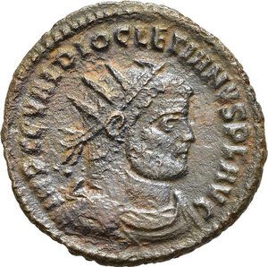 obverse: DIOCLEZIANO (284-305). Antiochia. Antoniniano riformato. 293-294 circa. AE (2,98 g). D/   IMP C C VAL DIOCLETIANVS P F AVG, busto radiato, corazzato e drapeggiato a destra; R/ CONCORDIA MILITVM Diocleziano, in abiti militari riceve un globo niceforo da Giove, tra i due HΔ; in esergo .XXI. RIC V.2 322;.qSPL. (NON COMUNE). nr.reg.593/24