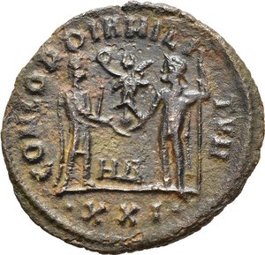 reverse: DIOCLEZIANO (284-305). Antiochia. Antoniniano riformato. 293-294 circa. AE (2,98 g). D/   IMP C C VAL DIOCLETIANVS P F AVG, busto radiato, corazzato e drapeggiato a destra; R/ CONCORDIA MILITVM Diocleziano, in abiti militari riceve un globo niceforo da Giove, tra i due HΔ; in esergo .XXI. RIC V.2 322;.qSPL. (NON COMUNE). nr.reg.593/24