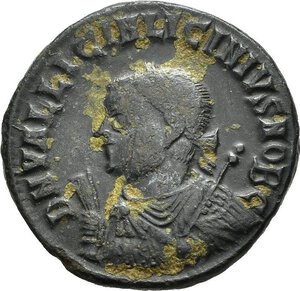 obverse: LICINIO II, Cesare (317-324). Antiochia. Nummus. 317-320. AE (2,78 g). D/ D N VAL LICIN LICINIVS NOB C, busto laureato, con toga trabeata, che regge scettro e mappa a sinistra; R/  IOVI CONS-ERVATORI CAESS, Giove stante a sinistra, regge un globo niceforo e scettro; ai suoi piedi un progioniero, nel campo a destra Z; in esergo SMANT. RIC VII 29. BB nr.reg.593/24