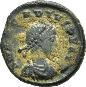 obverse: ARCADIO (383-408). Nicomedia. AE3. AE (1,49 g). D/ D N ARCADIVS P F AVG, busto diademato, corazzato e drapeggiato a destra; R/ SALVS REI-PVBLICAE, Vittoria incedente, regge trofeo e trascina un prigioniero; in esergo SMNA. RIC IX 45 c1. BB. nr.reg.593/24