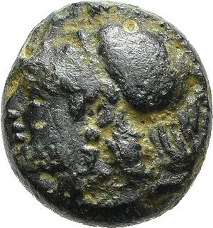 obverse: EOLIDE. Elaia. AE14 mm. Dopo il 340 a.C. AE (1,32 g). D/ testa elmata di Atena a sinistra; R/ Chicco di grano affiancato da E-Λ. Cfr. SNG von Aulock 1604-7. BB. nr.reg.593/24