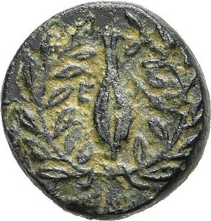 reverse: EOLIDE. Elaia. AE14 mm. Dopo il 340 a.C. AE (1,32 g). D/ testa elmata di Atena a sinistra; R/ Chicco di grano affiancato da E-Λ. Cfr. SNG von Aulock 1604-7. BB. nr.reg.593/24