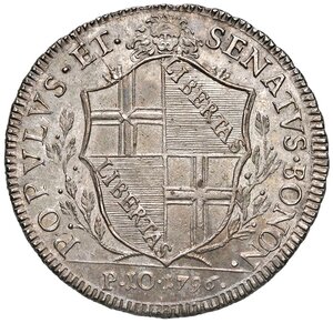 obverse: BOLOGNA Governo popolare (1796-1797) Scudo da 10 paoli 1796 - Gig. 5 (veduta 4) AG ( g 29,09) R Esemplare di insolita e magnifica qualità per la tipologia. Di queste monete esistono più varianti relative alla veduta della città. Quella proposta èuna di quelle di più rara apparizione sul mercato. FDC