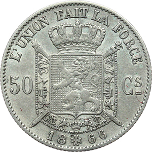 Belgio Leopoldo II (1865-1909). 50 centesimi 1866. foto 1