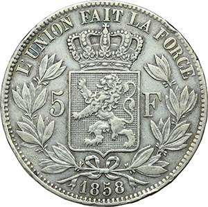 Belgio Leopoldo I (1831-1865) 5 franchi 1858. foto 1