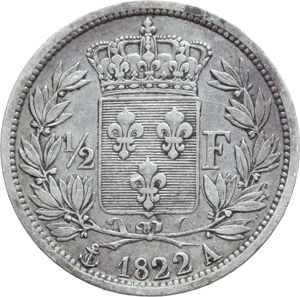 Francia. Luigi XVIII (1814-1824). Mezzo franco 1822 A. foto 1
