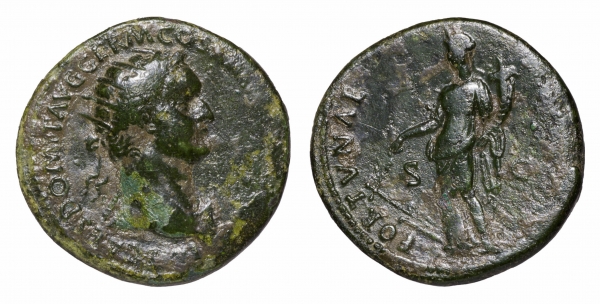 Domitian. 81-96 AD. AE Dupondius. O:\ Radiate head to right. R:\ FORTVNA AVGVSTI SC; fortune standin foto 1