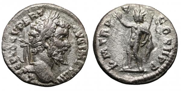 Septimius Severus AR Denarius. 197-198 AD. 3,0 gr. – 17,6 mm. O:\ L SEPT SEV PERT AVG IMP X, laureat foto 1