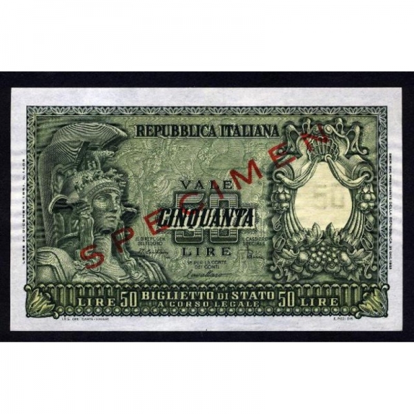 50 LIRE ITALIA ELMATA 31.12.1951 SPECIMEN FDS foto 1