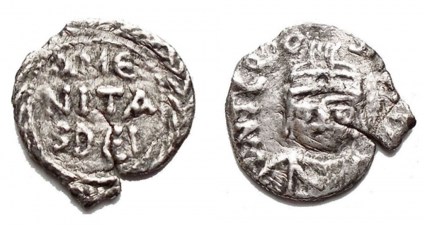 Byzantine Empire -Theodosius (Son of Maurice Tiberius), 590-602 AD. AR Half Siliqua. Carthage mint. foto 1