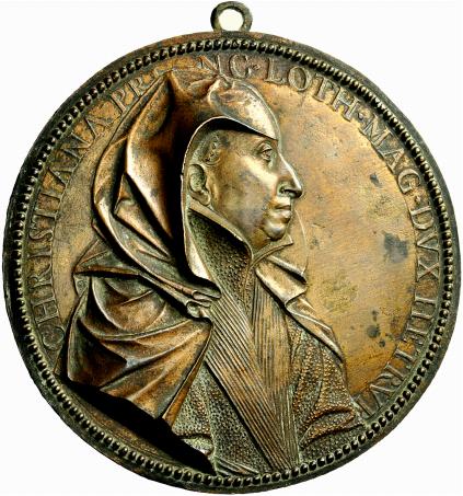 Placchetta uniface in bronzo con appiccagnolo raffigurante Cristina di Lorena velata e drappeggiata, opera di Guillaume Duprè