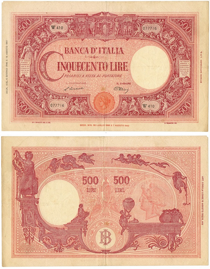 La banconota da 500 lire a firme Einaudi-Urbini del tipo qui illustrato è l'unica che si può considerare emessa durante il periodo di Umberto II come ultimo re d'Italia
