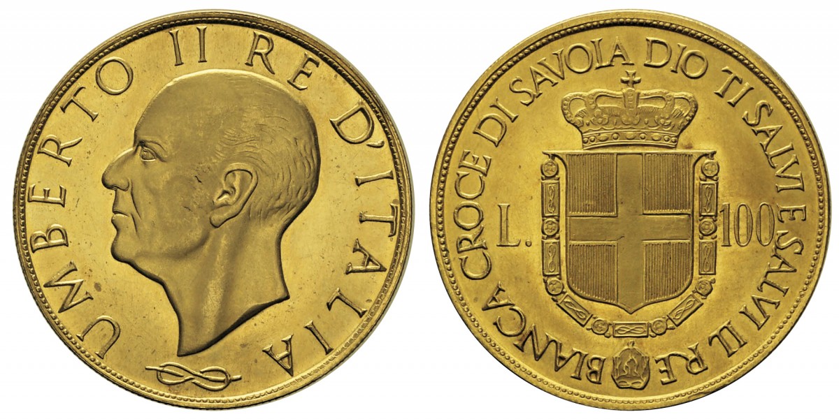 Nel tempo sono apparse sul mercato varie "pseudo monete" a nome di Umberto II di Savoia come questa "100 lire oro" senza data (in realtà, si tratta di una medaglia di produzione privata)