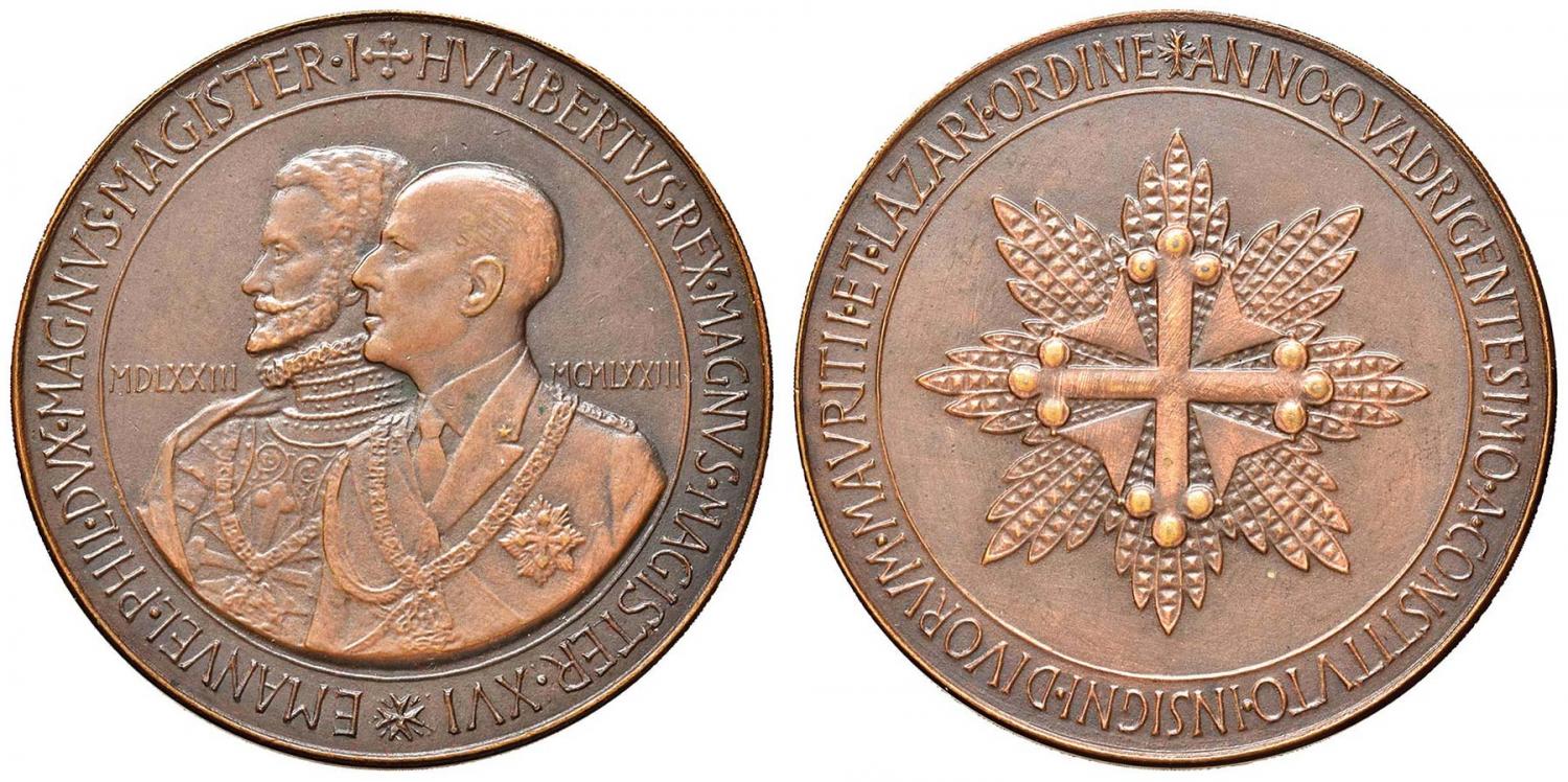 Medaglia in bronzo del 1973 che celebra Emanuele FIliberto duca di Savoia, fondatore quattro secoli prima dell'Ordine Mauriziano; con lui, il gran maestro in carica Umberto