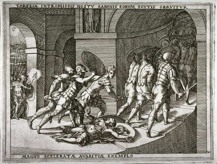 In una bella incisione del XVIII secolo, la storia di Tarpeia additata come "Magno sceleratea avaritiae exemplo"