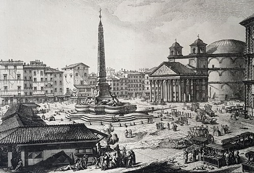 Stampa in cui l'antica vocazione "mercantile" di piazza della Rotonda ci appare evidente nelle tante bancarelle e nei "negozi provvisori" che circondano l'obelisco