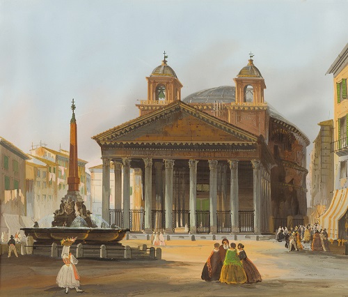 Un bel dipinto di inizio XIX secolo che mostra il Pantheon e la fontana con obelisco che si trova al centro della famosa piazza romana